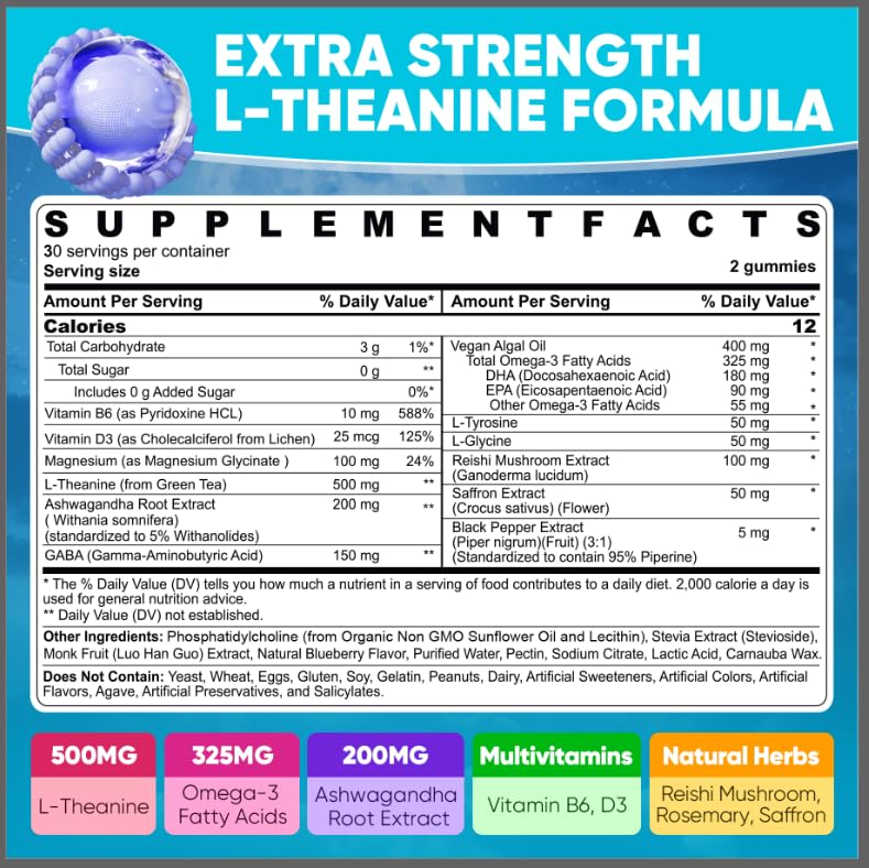 L Theanine Calm Gummies 500mg, Sugar-Free Liposomal L-Theanine Supplement, w/Safforn, Magnesium Glycinate, GABA, Ashwagandha, Algae Omega-3, Vitamin D3 B12 - PrimeBioHealth - canada supplements