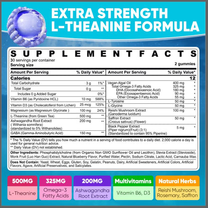 L Theanine Calm Gummies 500mg, Sugar-Free Liposomal L-Theanine Supplement, w/Safforn, Magnesium Glycinate, GABA, Ashwagandha, Algae Omega-3, Vitamin D3 B12 - PrimeBioHealth - canada supplements