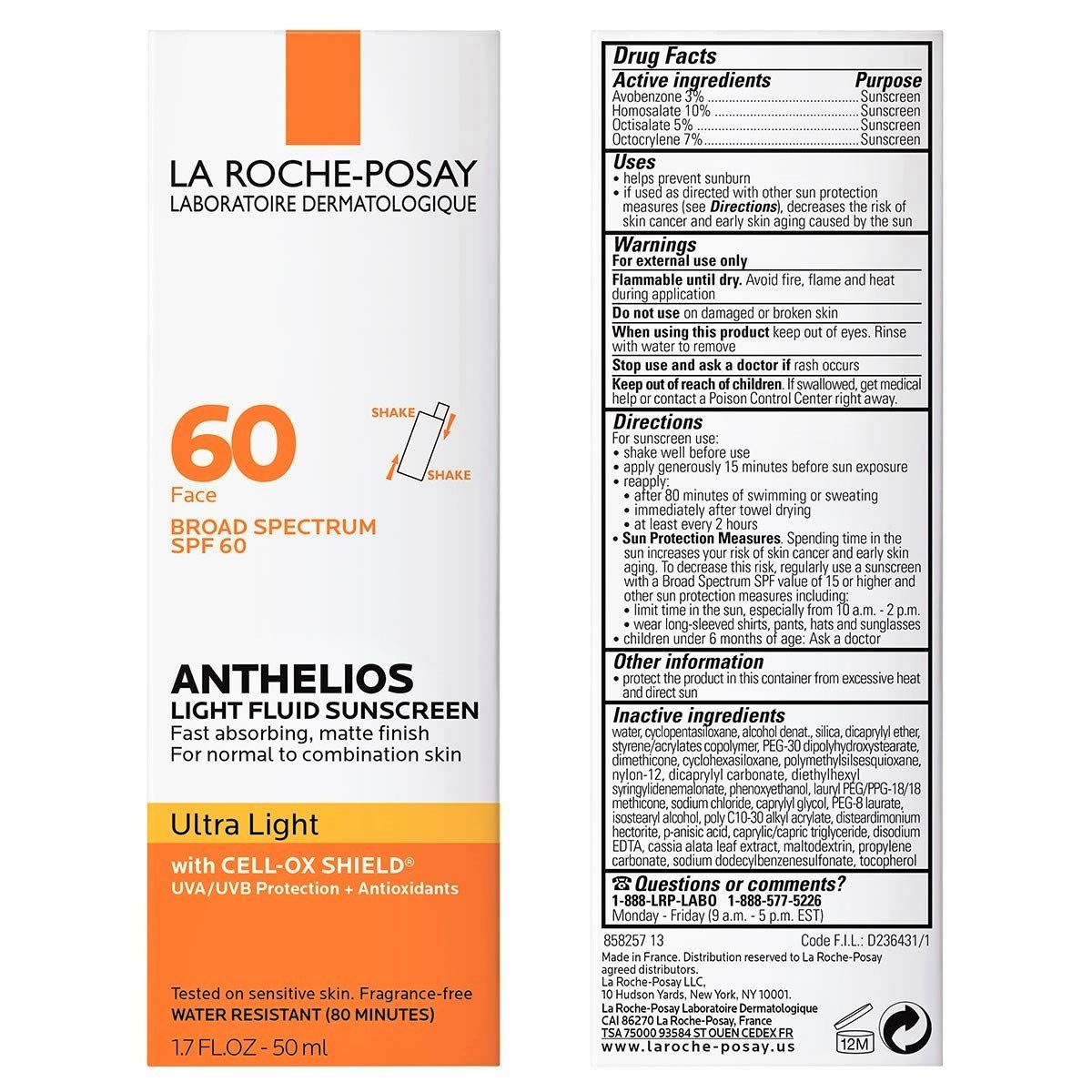 La Roche-Posay Anthelios Light Fluid Facial Sunscreen SPF 60, Lightweight Sunscreen For Face, Fluid Texture, Broad Spectrum SPF + Antioxidants - PrimeBioHealth - canada supplements