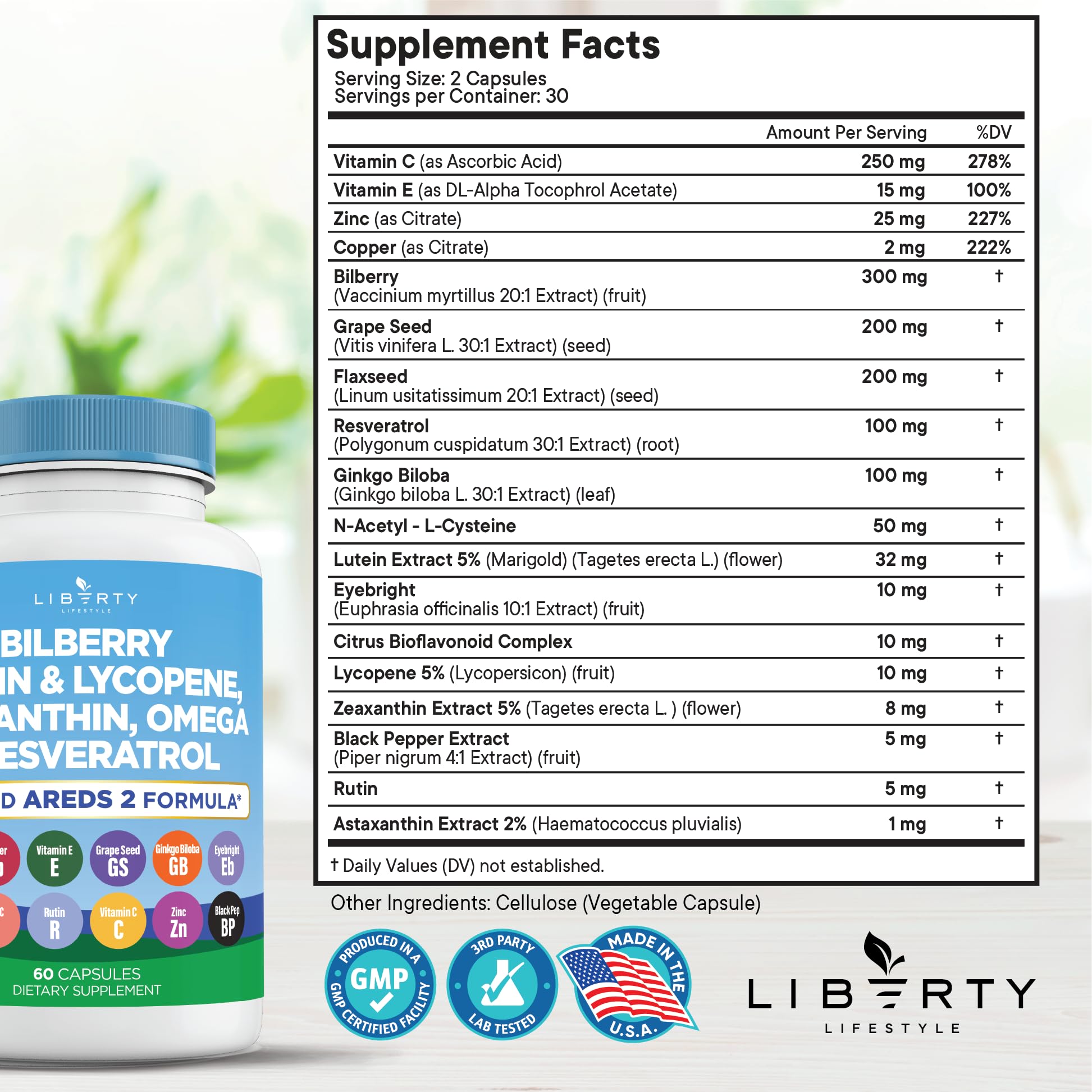 Liberty Lifestyle Eye Health Vitamins with Bilberry, Lutein & Zeaxanthin, Lycopene, Resveratrol, Grape Seed Extract Flaxseed Astaxanthin- AREDS 2-180 Capsules - PrimeBioHealth - canada supplements