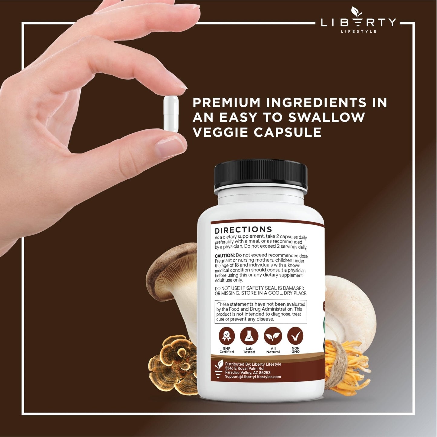 Liberty Lifestyle Lions Mane Mushroom Supplement with Turkey Tail Reishi Cordyceps Chaga with Marshmallow Root - 2-Pack - PrimeBioHealth - canada supplements
