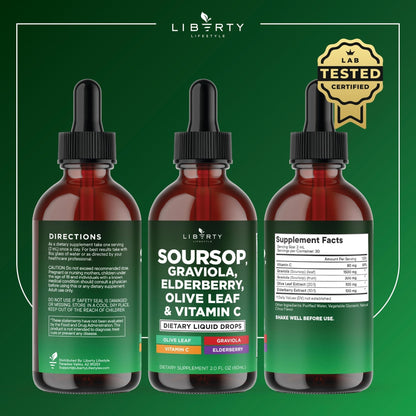 Liberty Lifestyle Soursop Liquid with Soursop Fruit and Leaves, Elderberry, Vitamin C and Olive Leaf - Multimineral & Vitamins Superfood - 4 oz - PrimeBioHealth - canada supplements