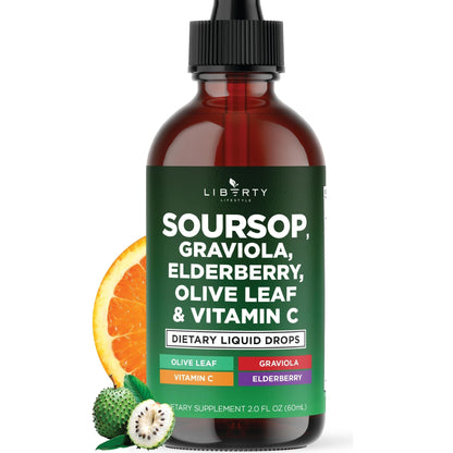 Liberty Lifestyle Soursop Liquid with Soursop Fruit and Leaves, Elderberry, Vitamin C and Olive Leaf - Multimineral & Vitamins Superfood - 4 oz - PrimeBioHealth - canada supplements