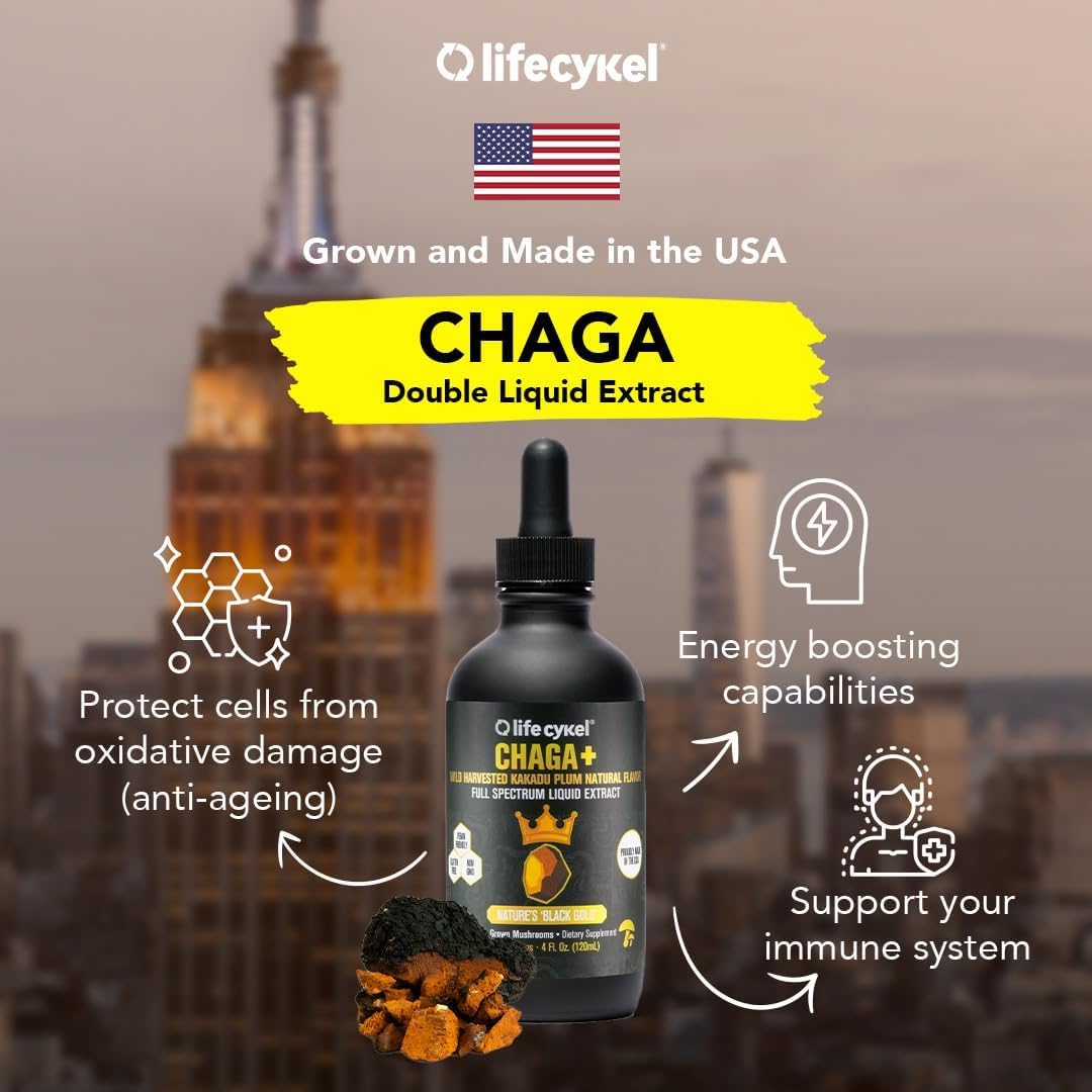 Life Cykel - Chaga Mushroom Extract with Kakadu Plum - Double Extracted Mushroom Tincture - Non-GMO Immune Support Supplement for Adults and Kids - 1 Fl Oz - PrimeBioHealth - canada supplements