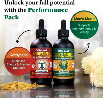 Life Cykel Cordyceps +Lion's Mane Extract Performance Pack - Organic Mushroom Supplement for Energy, Focus & Mental Clarity - USA Made, Pure & Potent Mushroom Liquid Drops for Adults - PrimeBioHealth - canada supplements
