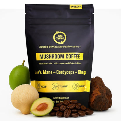 Lifecykel Mushroom Coffee – Arabica Blend with Lion’s Mane, Chaga Extract, Cordyceps & Kakadu Plum | Focus | Adaptogenic, Smooth & Jitter-Free | 106 mg - PrimeBioHealth - canada supplements