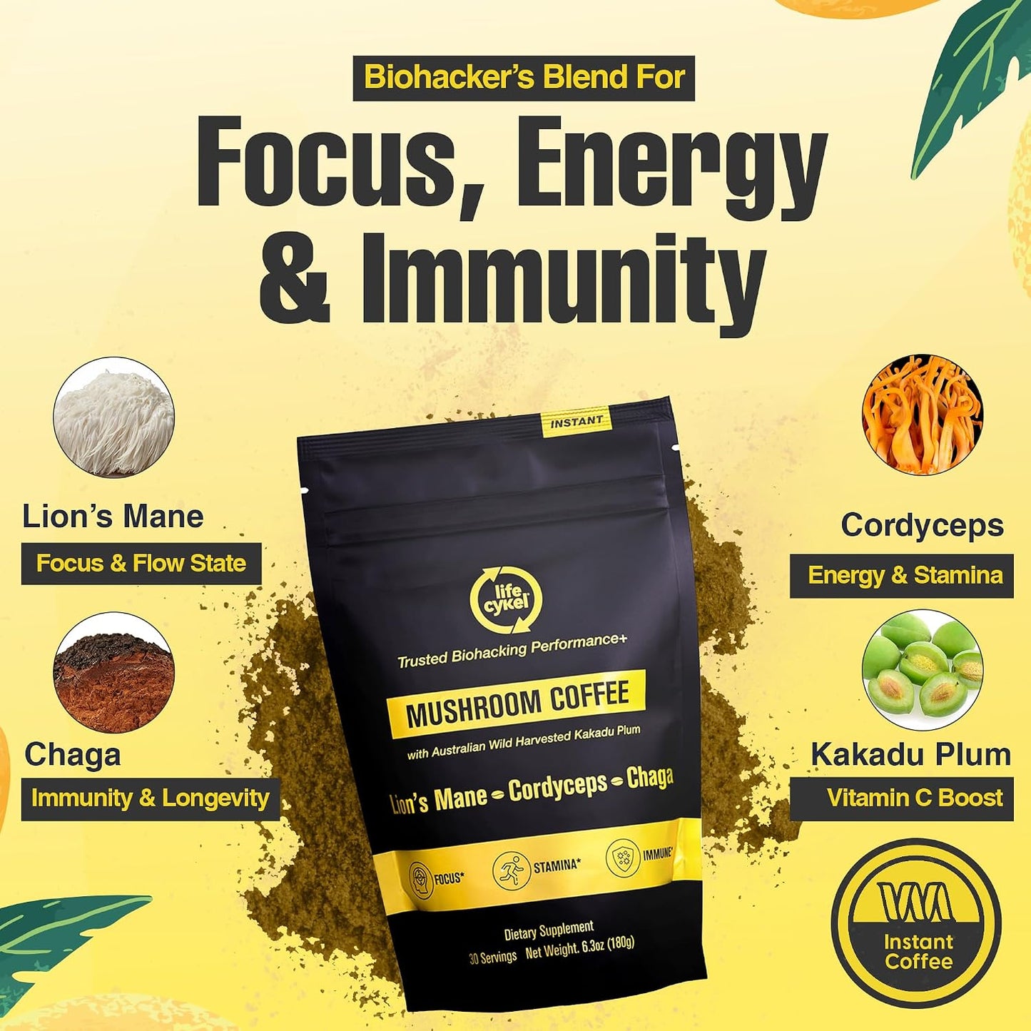 Lifecykel Mushroom Coffee – Arabica Blend with Lion’s Mane, Chaga Extract, Cordyceps & Kakadu Plum | Focus | Adaptogenic, Smooth & Jitter-Free | 106 mg - PrimeBioHealth - canada supplements
