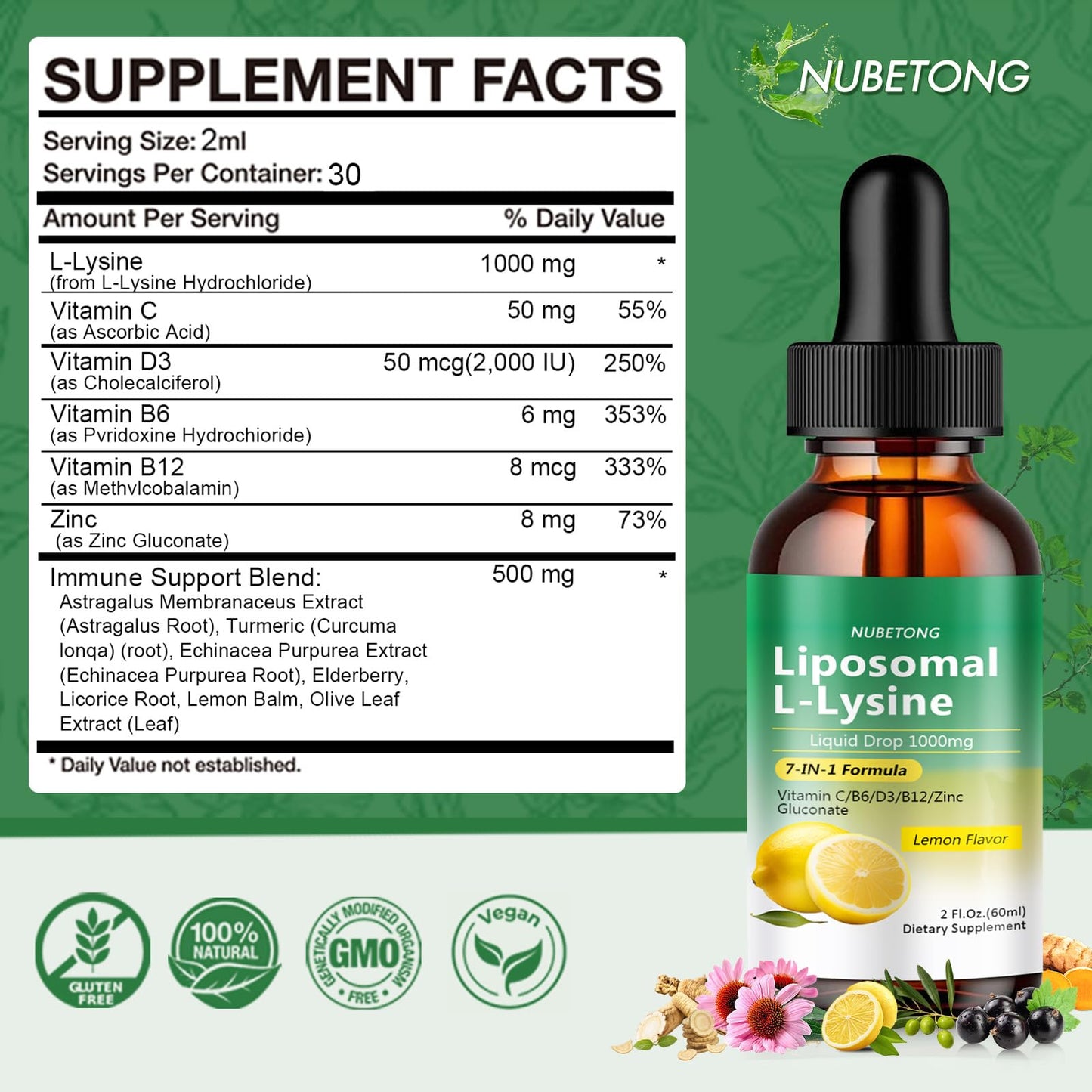 Liposomal L-Lysine 1000mg Liquid Drops, 7-in-1 Lysine Supplement for Adults with Vitamin C/B6/D3/B12 & Zinc Gluconate, Immune Support, Collagen Synthesis & Skin Lip Health, Lemon Flavor, 2 Fl Oz - PrimeBioHealth - canada supplements
