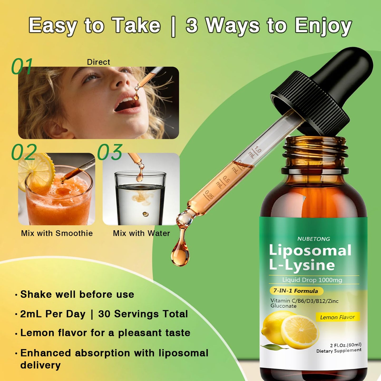 Liposomal L-Lysine 1000mg Liquid Drops, 7-in-1 Lysine Supplement for Adults with Vitamin C/B6/D3/B12 & Zinc Gluconate, Immune Support, Collagen Synthesis & Skin Lip Health, Lemon Flavor, 2 Fl Oz - PrimeBioHealth - canada supplements