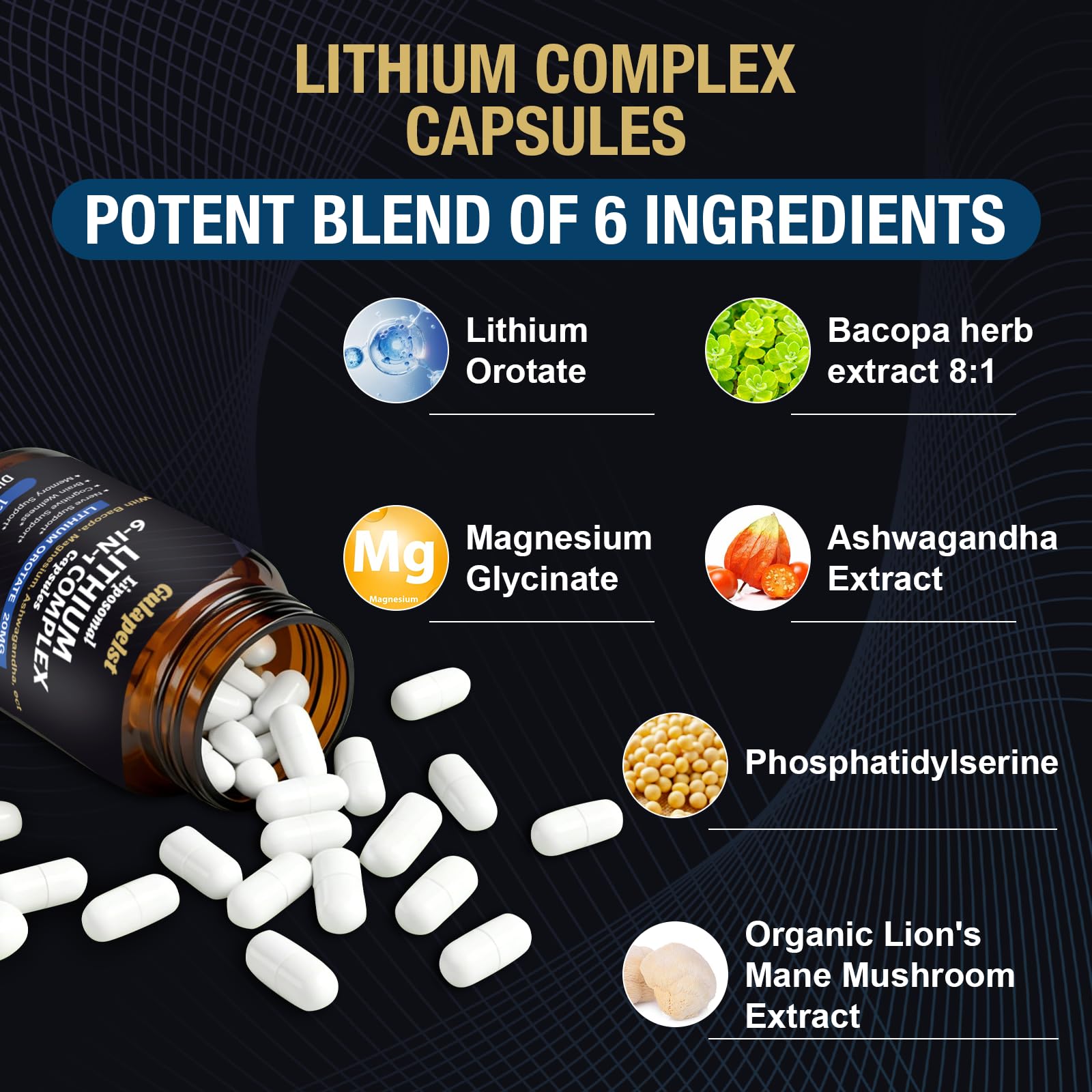 Lisopomal Lithium Orotate Complex Capsules, Lithium Orotate 20 mg, Magnesium Glycinate & Ashwagandha, Brain Health Supplements for Cognitive, Mood & Memory - PrimeBioHealth - canada supplements