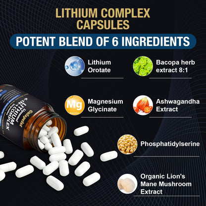 Lisopomal Lithium Orotate Complex Capsules, Lithium Orotate 20 mg, Magnesium Glycinate & Ashwagandha, Brain Health Supplements for Cognitive, Mood & Memory - PrimeBioHealth - canada supplements