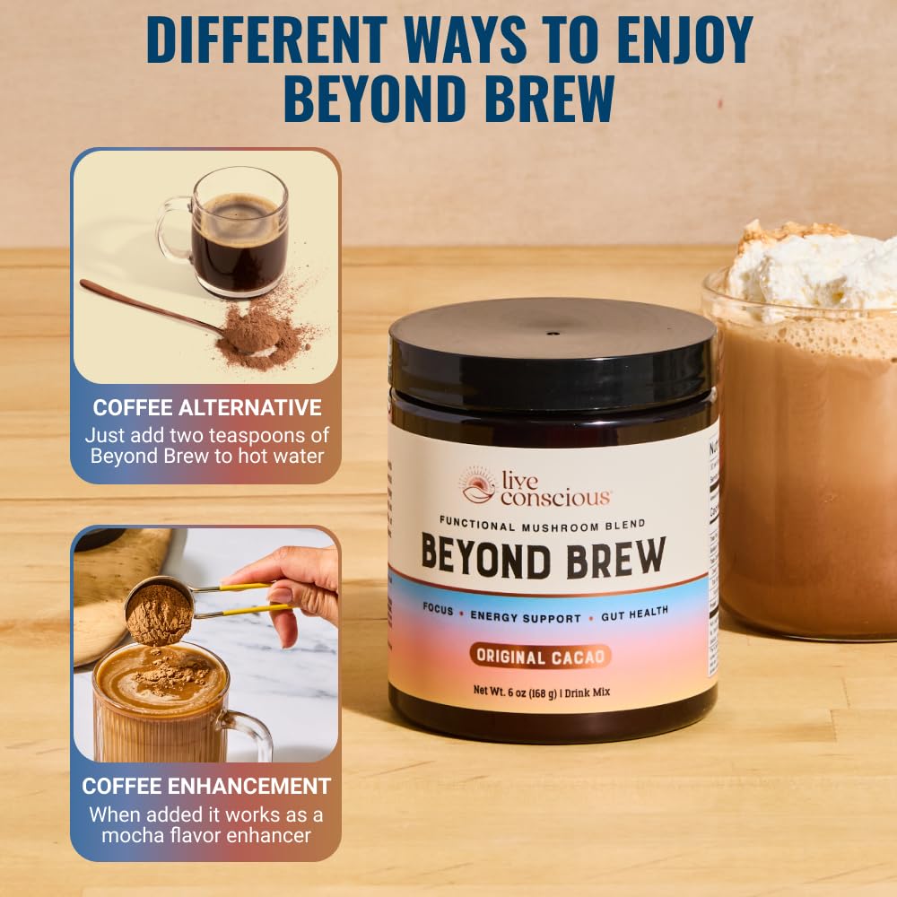 Live Conscious Beyond Brew - Coffee Alternative - Low Caffeine - Mushroom Complex w/Lion’s Mane, Reishi, Cordyceps & Chaga for Sustained Focus, Energy & Immunity - w/Prebiotics & Probiotics - 30 - PrimeBioHealth - canada supplements