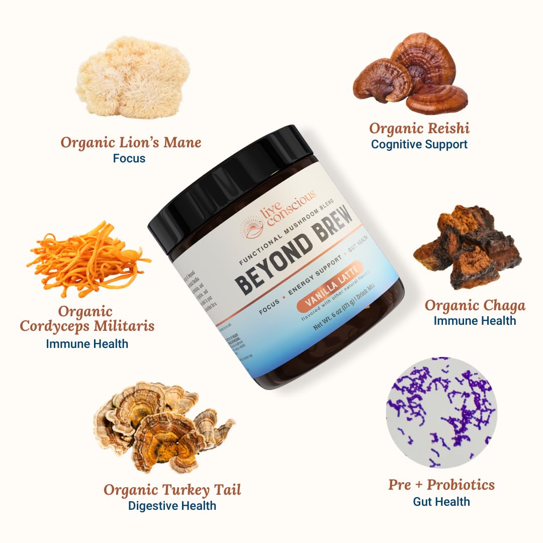 Live Conscious Beyond Brew - Coffee Alternative - Low Caffeine - Mushroom Complex w/Lion’s Mane, Reishi, Cordyceps & Chaga for Sustained Focus, Energy & Immunity - w/Prebiotics & Probiotics - 30 - PrimeBioHealth - canada supplements