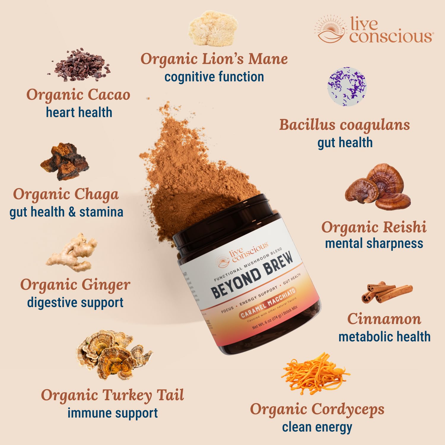 Live Conscious Beyond Brew - Coffee Alternative - Low Caffeine - Mushroom Complex w/Lion’s Mane, Reishi, Cordyceps & Chaga for Sustained Focus, Energy & Immunity - w/Prebiotics & Probiotics - 30 - PrimeBioHealth - canada supplements