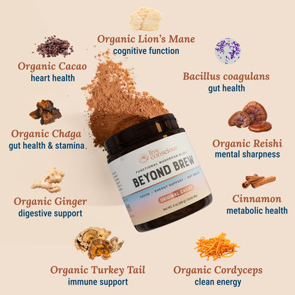 Live Conscious Beyond Brew - Coffee Alternative - Low Caffeine - Mushroom Complex w/Lion’s Mane, Reishi, Cordyceps & Chaga for Sustained Focus, Energy & Immunity - w/Prebiotics & Probiotics - 30 - PrimeBioHealth - canada supplements