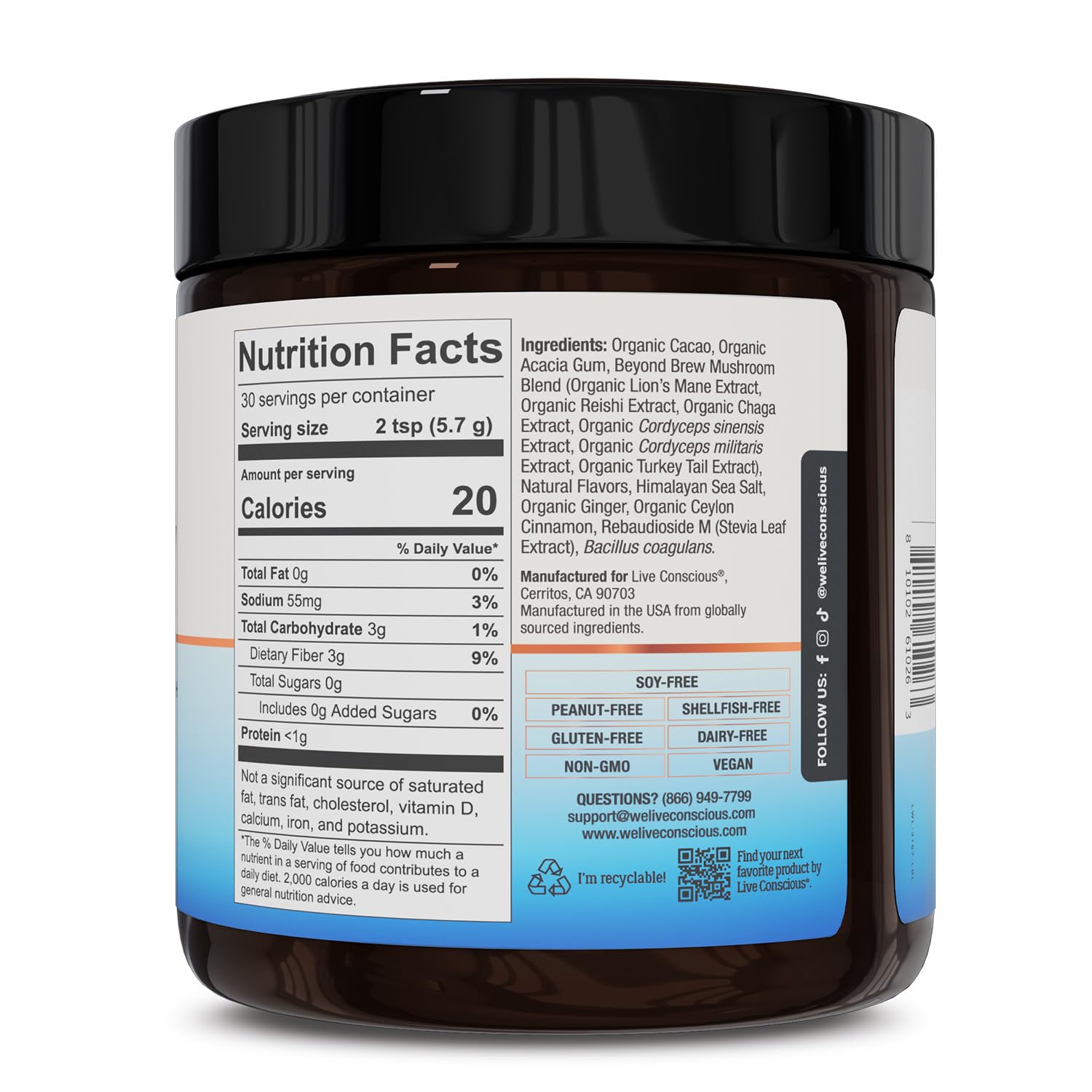 Live Conscious Beyond Brew - Coffee Alternative - Low Caffeine - Mushroom Complex w/Lion’s Mane, Reishi, Cordyceps & Chaga for Sustained Focus, Energy & Immunity - w/Prebiotics & Probiotics - 30 - PrimeBioHealth - canada supplements