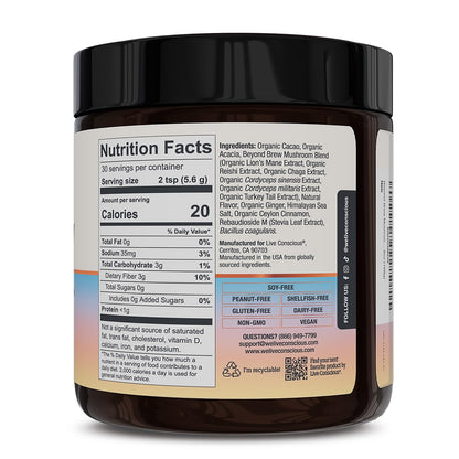 Live Conscious Beyond Brew - Coffee Alternative - Low Caffeine - Mushroom Complex w/Lion’s Mane, Reishi, Cordyceps & Chaga for Sustained Focus, Energy & Immunity - w/Prebiotics & Probiotics - 30 - PrimeBioHealth - canada supplements