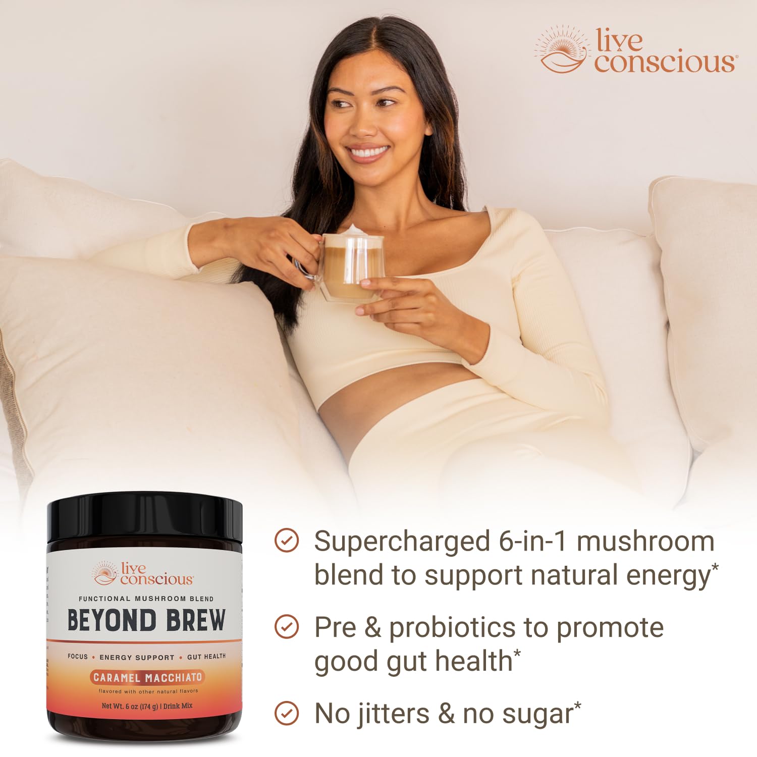 Live Conscious Beyond Brew - Coffee Alternative - Low Caffeine - Mushroom Complex w/Lion’s Mane, Reishi, Cordyceps & Chaga for Sustained Focus, Energy & Immunity - w/Prebiotics & Probiotics - 30 - PrimeBioHealth - canada supplements