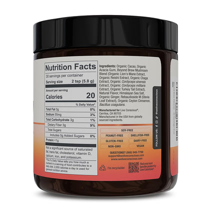 Live Conscious Beyond Brew - Coffee Alternative - Low Caffeine - Mushroom Complex w/Lion’s Mane, Reishi, Cordyceps & Chaga for Sustained Focus, Energy & Immunity - w/Prebiotics & Probiotics - 30 - PrimeBioHealth - canada supplements