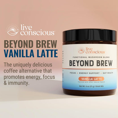 Live Conscious Beyond Brew - Coffee Alternative - Low Caffeine - Mushroom Complex w/Lion’s Mane, Reishi, Cordyceps & Chaga for Sustained Focus, Energy & Immunity - w/Prebiotics & Probiotics - 30 - PrimeBioHealth - canada supplements