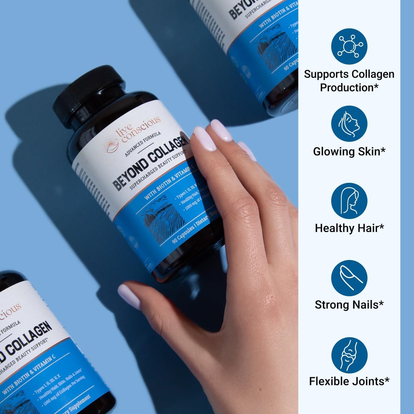 Live Conscious Beyond Collagen Multi Collagen Capsules - Types I, II, III, V & X - Hydrolyzed Blend with Biotin & Vitamin C for Hair, Skin, Nails 90 Capsules - PrimeBioHealth - canada supplements