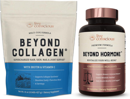Live Conscious Beyond Collagen Powder & Beyond Hormone | Hair, Skin, Nail, and Joint Support + Promotes Healthy Estrogen Balance for Women - PrimeBioHealth - canada supplements