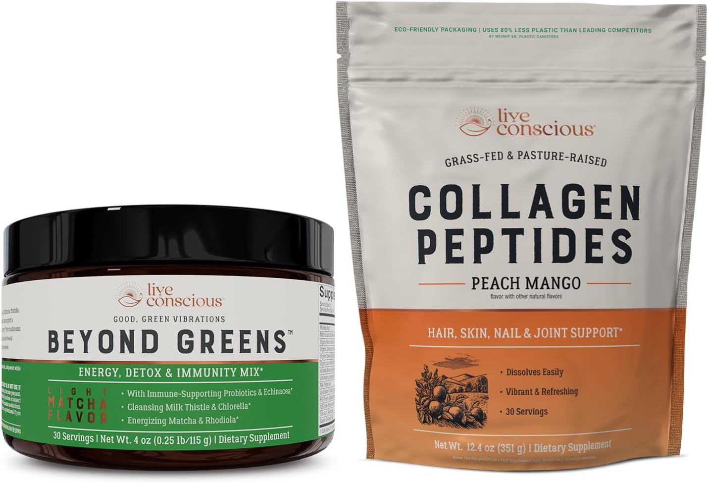 Live Conscious Beyond Greens & Collagen Peptides Peach Mango| Mushroom Coffee Alternative Low Caffeine + Hair, Skin, Nail, and Joint Support - PrimeBioHealth - canada supplements