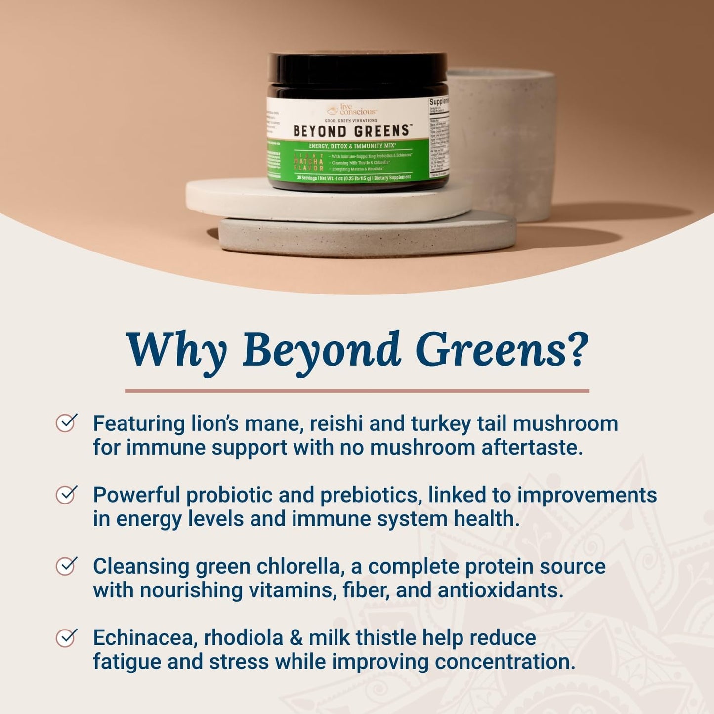 Live Conscious Beyond Greens & Collagen Peptides Peach Mango| Mushroom Coffee Alternative Low Caffeine + Hair, Skin, Nail, and Joint Support - PrimeBioHealth - canada supplements