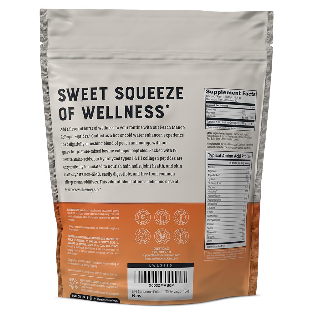 Live Conscious Collagen Peptides Powder - Naturally-Sourced Hydrolyzed Collagen Powder - Hair, Skin, Nail, and Joint Support - Type I & III Grass-Fed Collagen Supplements for Women and Men - 16oz - PrimeBioHealth - canada supplements