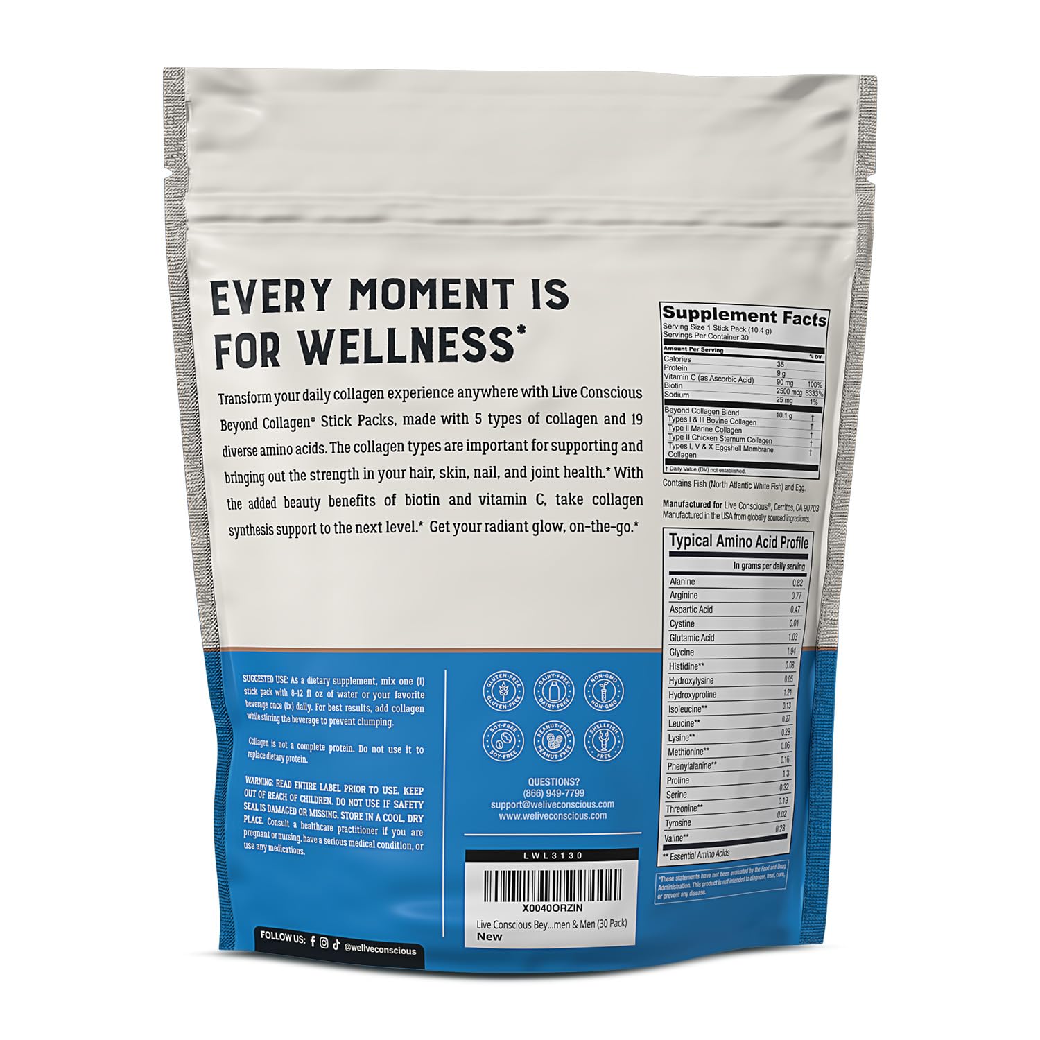 Live Conscious Collagen Peptides Powder - Naturally-Sourced Hydrolyzed Collagen Powder - Hair, Skin, Nail, and Joint Support - Type I & III Grass-Fed Collagen Supplements for Women and Men - 16oz - PrimeBioHealth - canada supplements