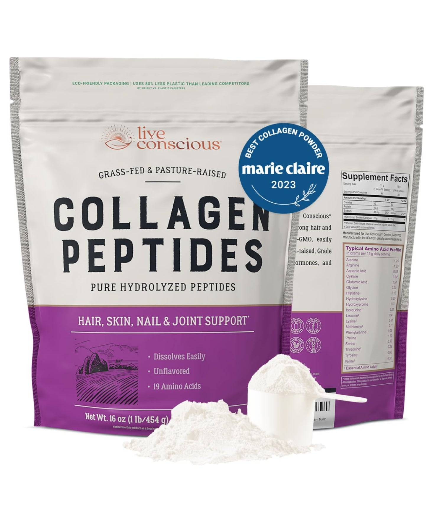 Live Conscious Collagen Peptides Powder - Naturally-Sourced Hydrolyzed Collagen Powder - Hair, Skin, Nail, and Joint Support - Type I & III Grass-Fed Collagen Supplements for Women and Men - 16oz - PrimeBioHealth - canada supplements