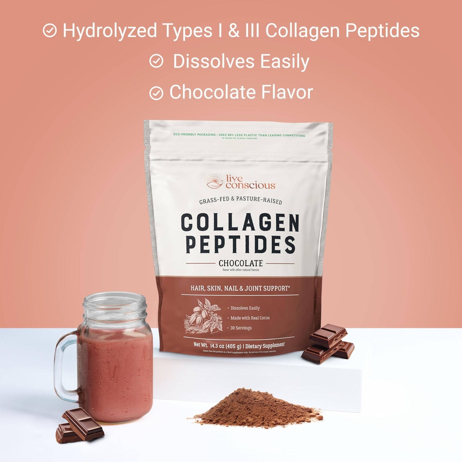 Live Conscious Collagen Peptides Powder - Naturally-Sourced Hydrolyzed Collagen Powder - Hair, Skin, Nail, and Joint Support - Type I & III Grass-Fed Collagen Supplements for Women and Men - 16oz - PrimeBioHealth - canada supplements