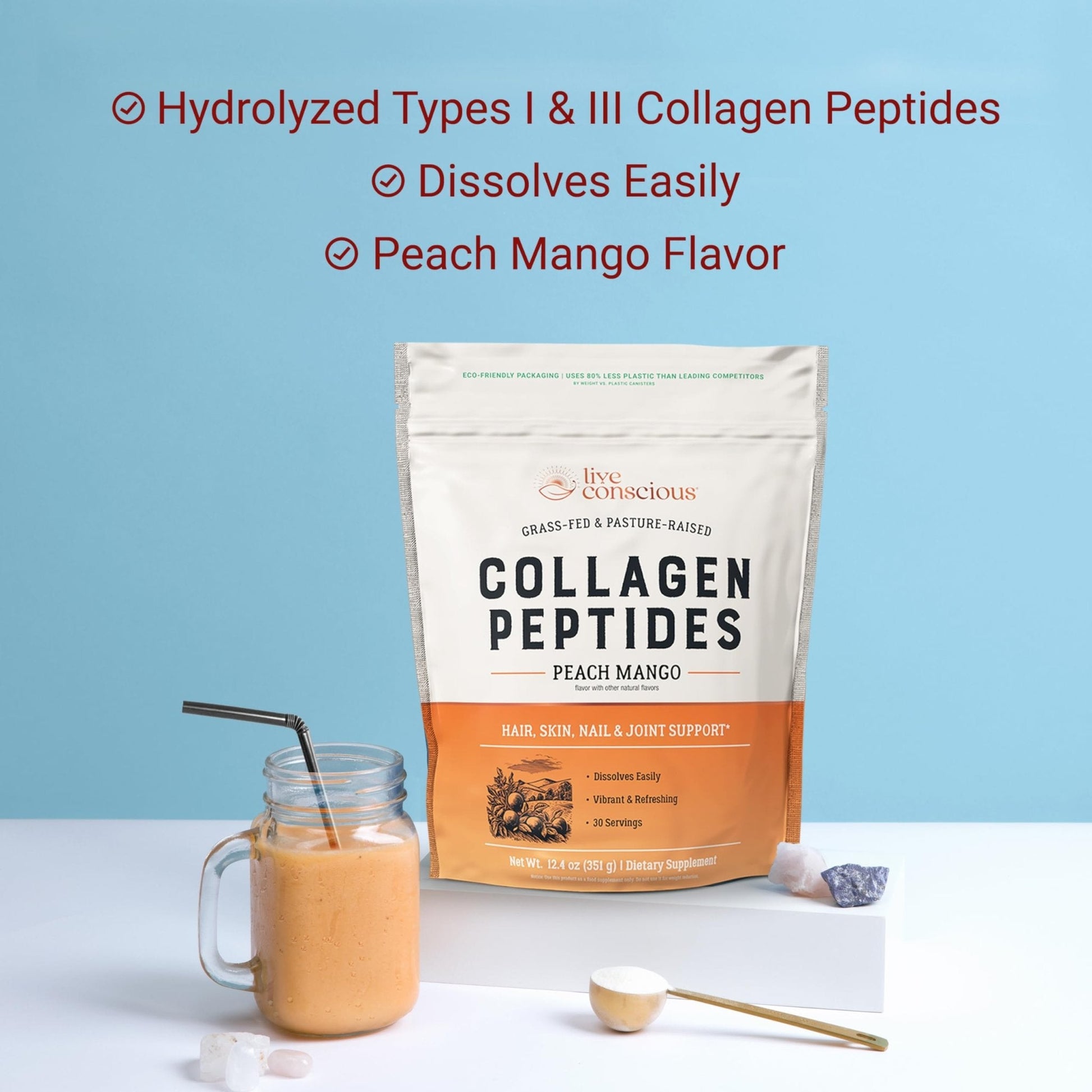 Live Conscious Collagen Peptides Powder - Naturally-Sourced Hydrolyzed Collagen Powder - Hair, Skin, Nail, and Joint Support - Type I & III Grass-Fed Collagen Supplements for Women and Men - 16oz - PrimeBioHealth - canada supplements
