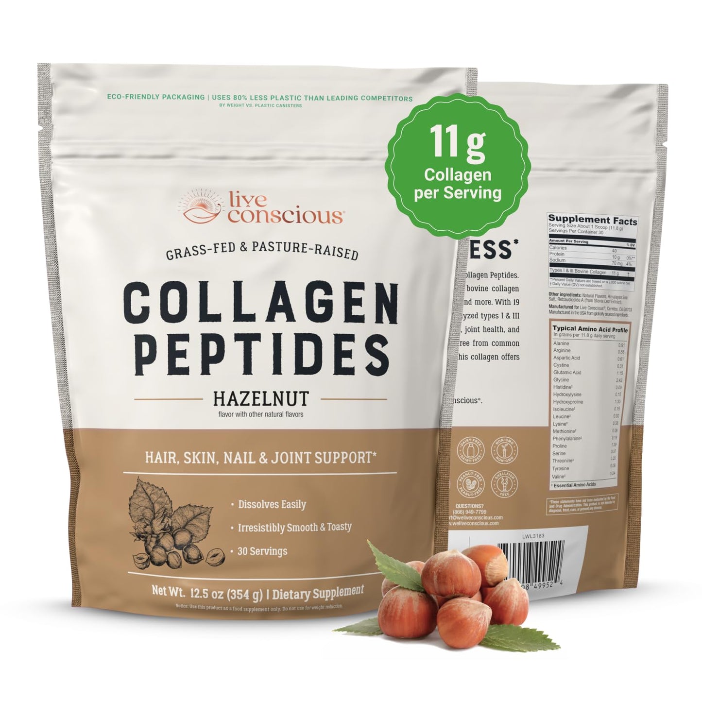 Live Conscious Collagen Peptides Powder - Naturally-Sourced Hydrolyzed Collagen Powder - Hair, Skin, Nail, and Joint Support - Type I & III Grass-Fed Collagen Supplements for Women and Men - 16oz - PrimeBioHealth - canada supplements