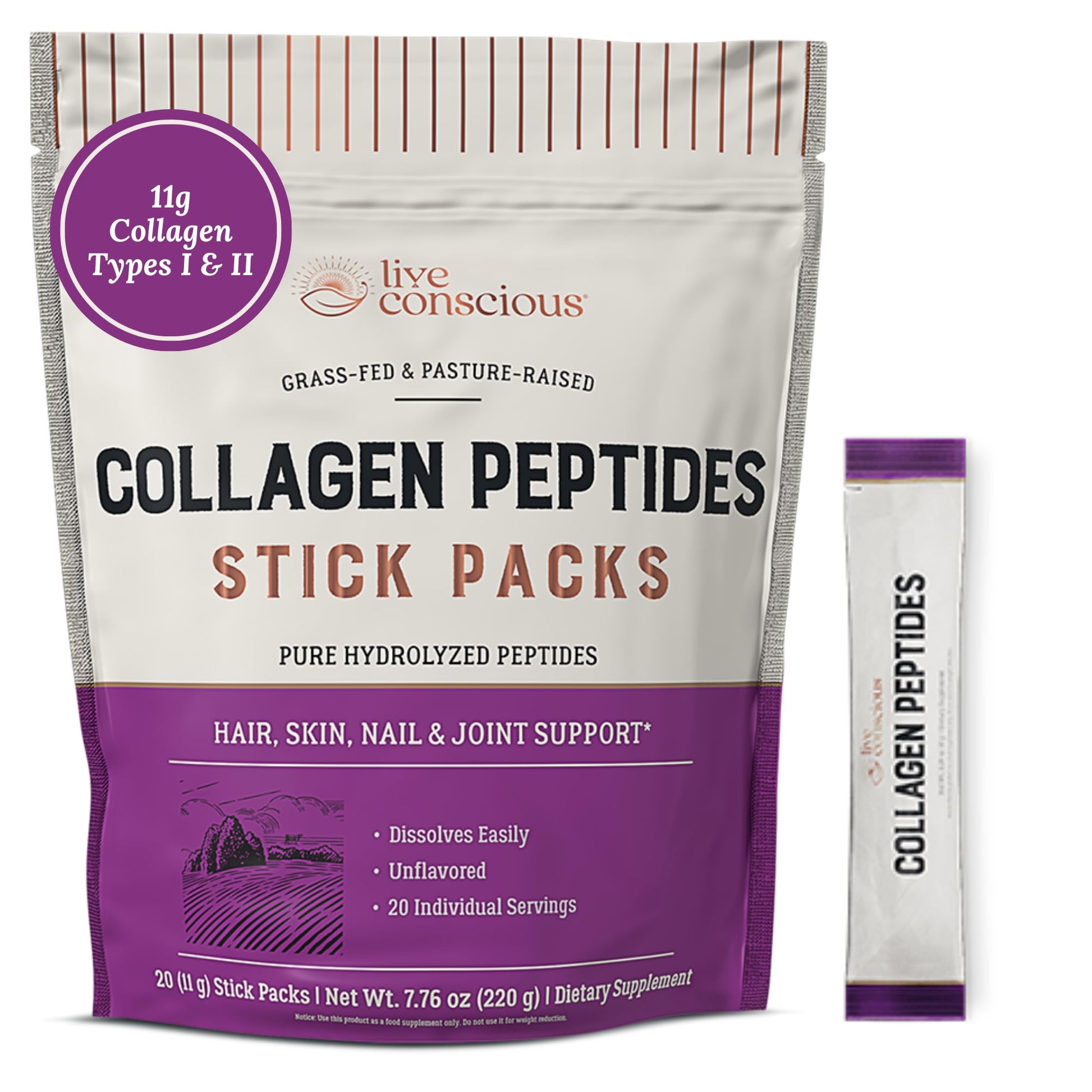 Live Conscious Collagen Peptides Powder - Naturally-Sourced Hydrolyzed Collagen Powder - Hair, Skin, Nail, and Joint Support - Type I & III Grass-Fed Collagen Supplements for Women and Men - 16oz - PrimeBioHealth - canada supplements