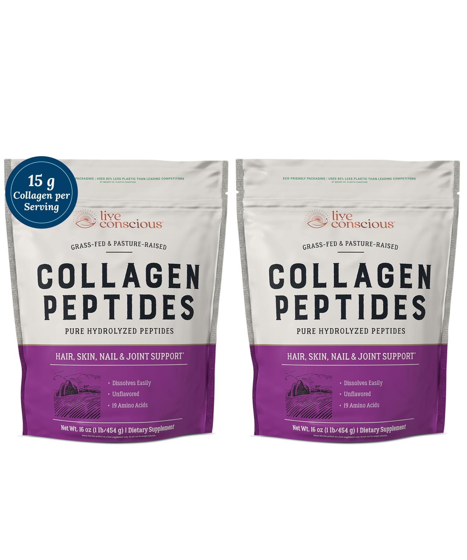 Live Conscious Collagen Peptides Powder - Naturally-Sourced Hydrolyzed Collagen Powder - Hair, Skin, Nail, and Joint Support - Type I & III Grass-Fed Collagen Supplements for Women and Men - 16oz - PrimeBioHealth - canada supplements