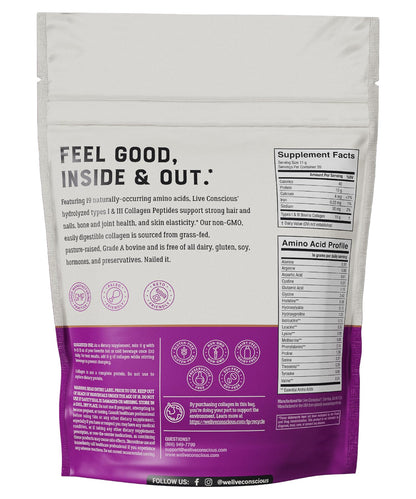 Live Conscious Collagen Powder Hydrolyzed Collagen Peptides Type I & III - Keto & Paleo Friendly - Unflavored - 20 Servings, 7.8 oz - PrimeBioHealth - canada supplements