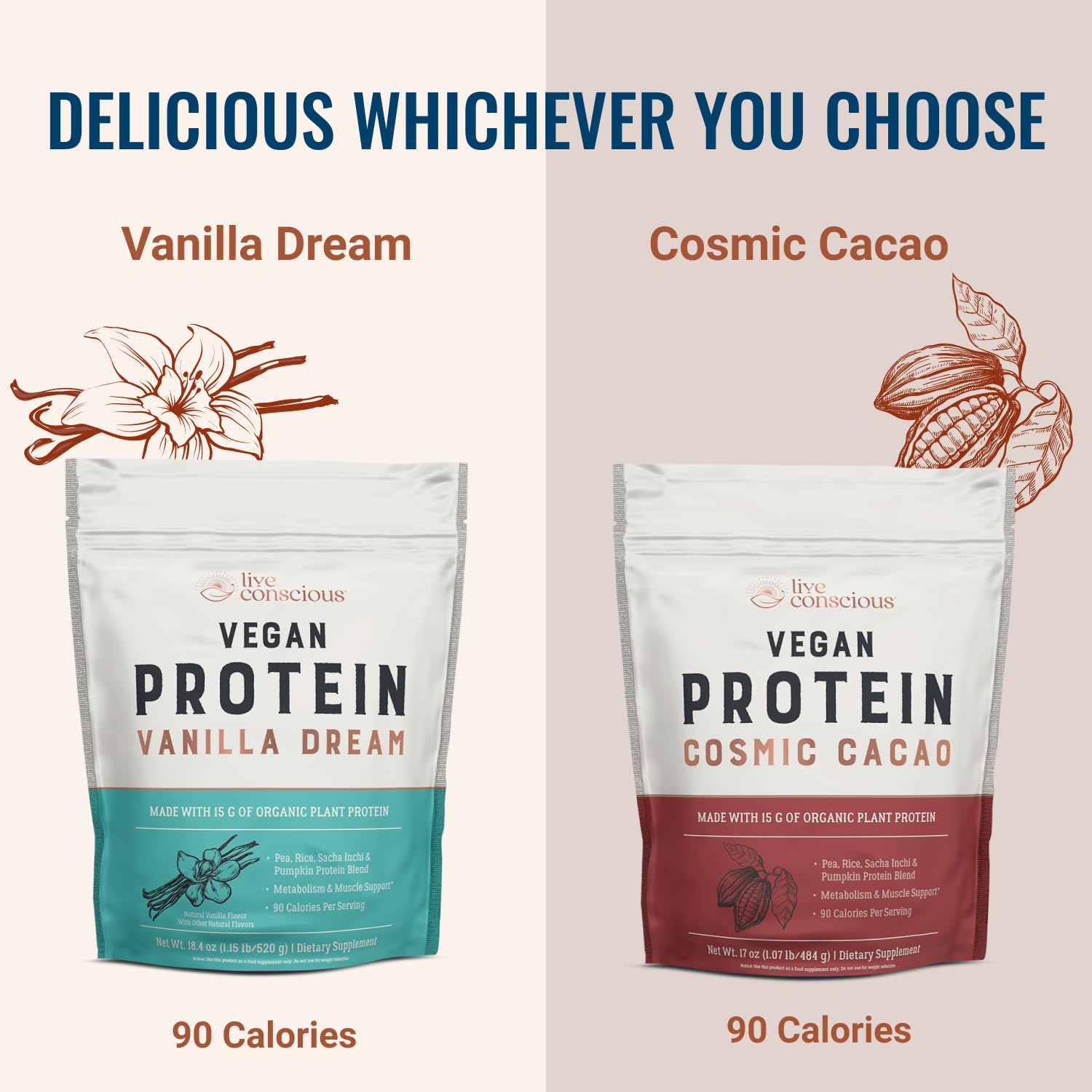 Live Conscious Cosmic Cacao - Organic Vegan Protein Powder, Chocolate Flavor, Plant-Based Blend - Pea Protein, Brown Rice, Pumpkin, Sacha Inchi - 20 Servings, 17 oz - PrimeBioHealth - canada supplements
