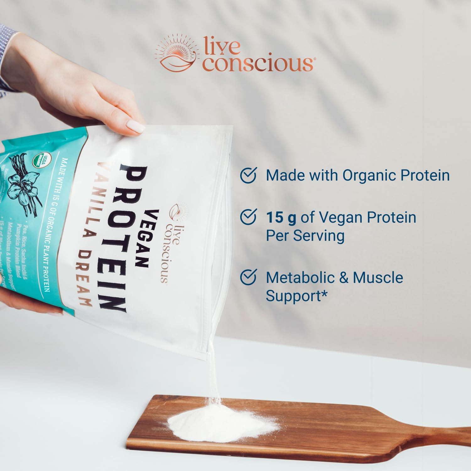 Live Conscious Cosmic Cacao - Organic Vegan Protein Powder, Chocolate Flavor, Plant-Based Blend - Pea Protein, Brown Rice, Pumpkin, Sacha Inchi - 20 Servings, 17 oz - PrimeBioHealth - canada supplements