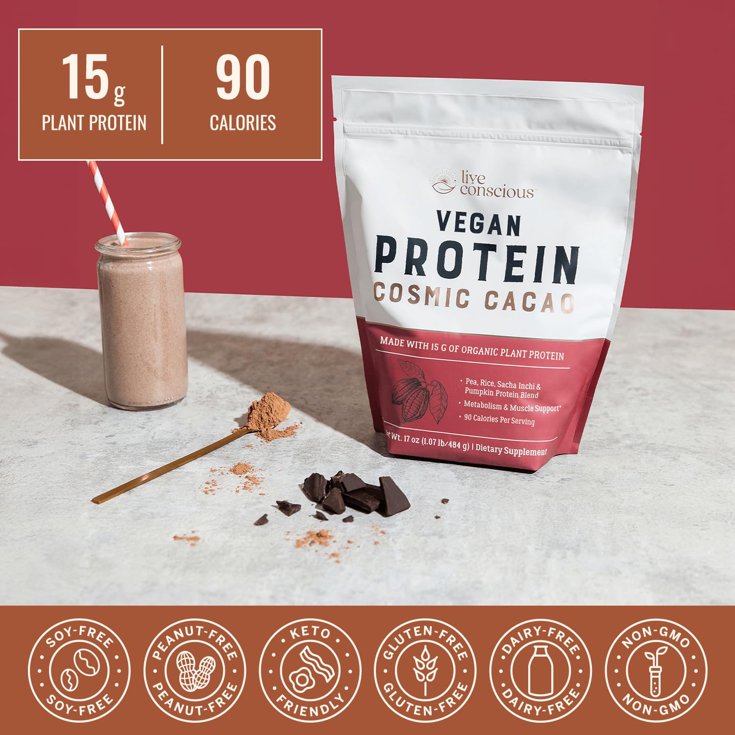 Live Conscious Cosmic Cacao - Organic Vegan Protein Powder, Chocolate Flavor, Plant-Based Blend - Pea Protein, Brown Rice, Pumpkin, Sacha Inchi - 20 Servings, 17 oz - PrimeBioHealth - canada supplements