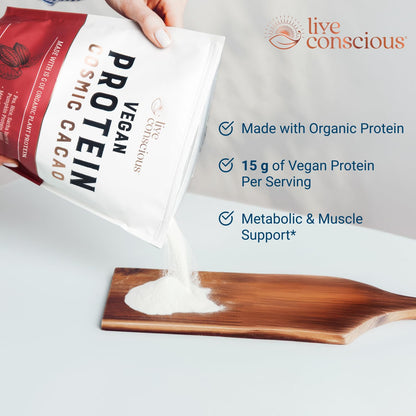 Live Conscious Cosmic Cacao - Organic Vegan Protein Powder, Chocolate Flavor, Plant-Based Blend - Pea Protein, Brown Rice, Pumpkin, Sacha Inchi - 20 Servings, 17 oz - PrimeBioHealth - canada supplements