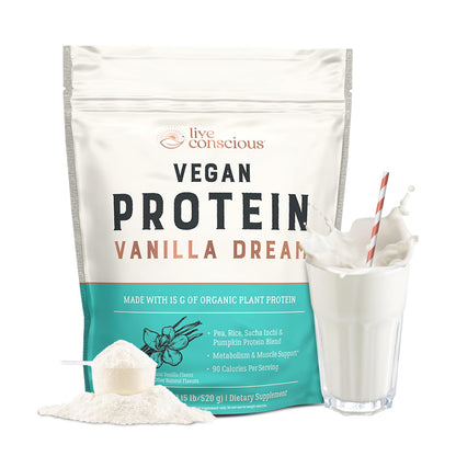 Live Conscious Cosmic Cacao - Organic Vegan Protein Powder, Chocolate Flavor, Plant-Based Blend - Pea Protein, Brown Rice, Pumpkin, Sacha Inchi - 20 Servings, 17 oz - PrimeBioHealth - canada supplements