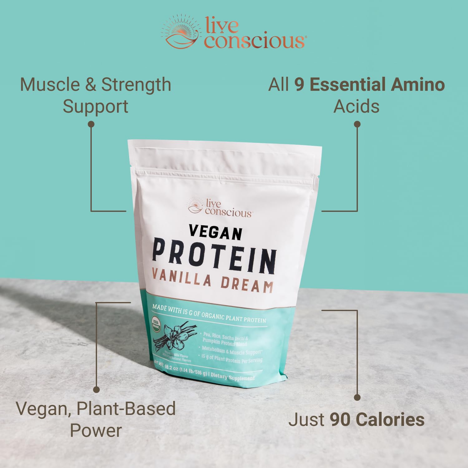 Live Conscious Cosmic Cacao - Organic Vegan Protein Powder, Chocolate Flavor, Plant-Based Blend - Pea Protein, Brown Rice, Pumpkin, Sacha Inchi - 20 Servings, 17 oz - PrimeBioHealth - canada supplements