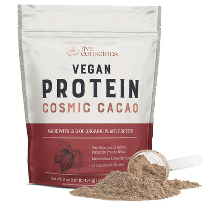 Live Conscious Cosmic Cacao - Organic Vegan Protein Powder, Chocolate Flavor, Plant-Based Blend - Pea Protein, Brown Rice, Pumpkin, Sacha Inchi - 20 Servings, 17 oz - PrimeBioHealth - canada supplements