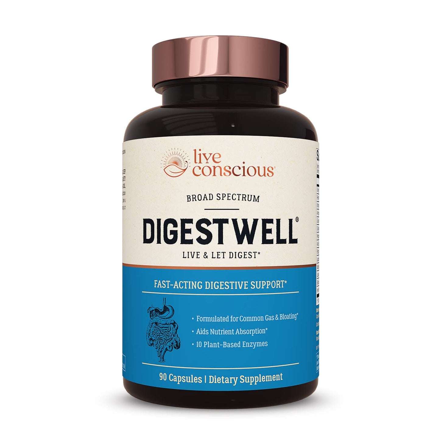 Live Conscious DigestWell Immediate Support - Fast-Acting Digestive Support | Broad Spectrum Enzyme, Probiotic & Herbal Formula - Decreases Everyday Gas & Bloating - 90 Capsules - PrimeBioHealth - canada supplements
