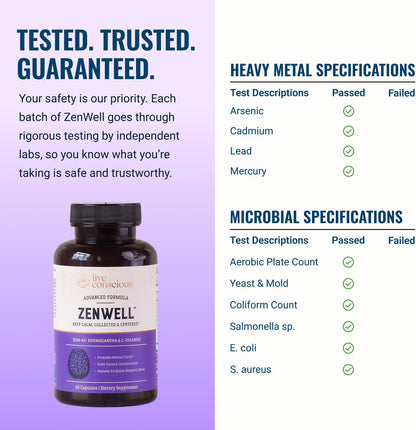 Live Conscious KSM-66 Ashwagandha Supplement w/L Theanine & AlphaWave - ZenWell Everyday Stress Relief, Cognitive, Brain Health - Ashwagandha for Men & Women - 60 Capsules - PrimeBioHealth - canada supplements