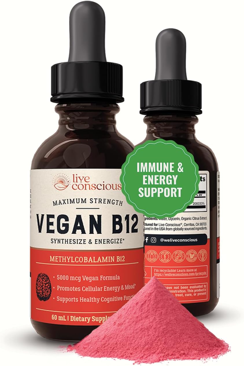 Live Conscious Vegan Vitamin B12 Sublingual Liquid Drops | Methylcobalamin Max Strength B12 5000mcg Formula | Vegan B 12 Vitamin Support Energy | Promote Memory & Aid Immune System | 60 Serving - PrimeBioHealth - canada supplements