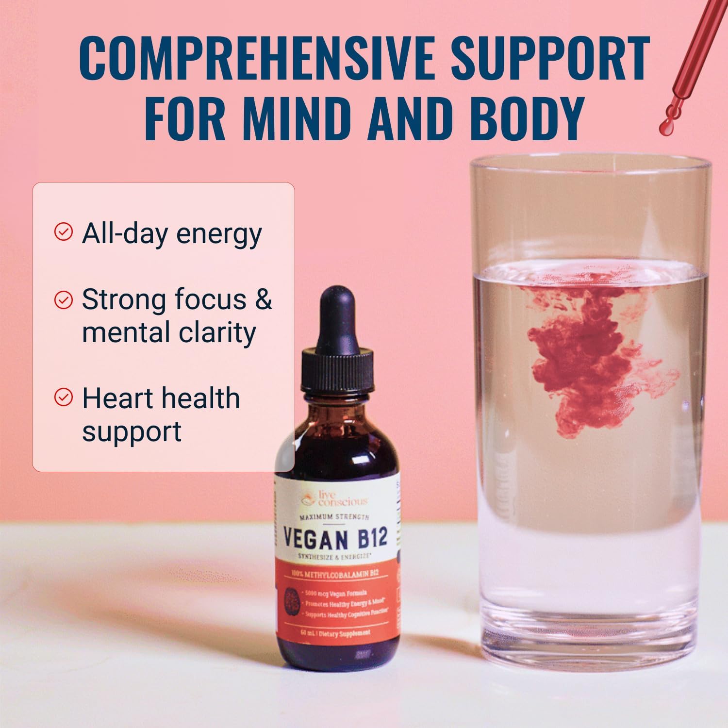 Live Conscious Vegan Vitamin B12 Sublingual Liquid Drops | Methylcobalamin Max Strength B12 5000mcg Formula | Vegan B 12 Vitamin Support Energy | Promote Memory & Aid Immune System | 60 Serving - PrimeBioHealth - canada supplements