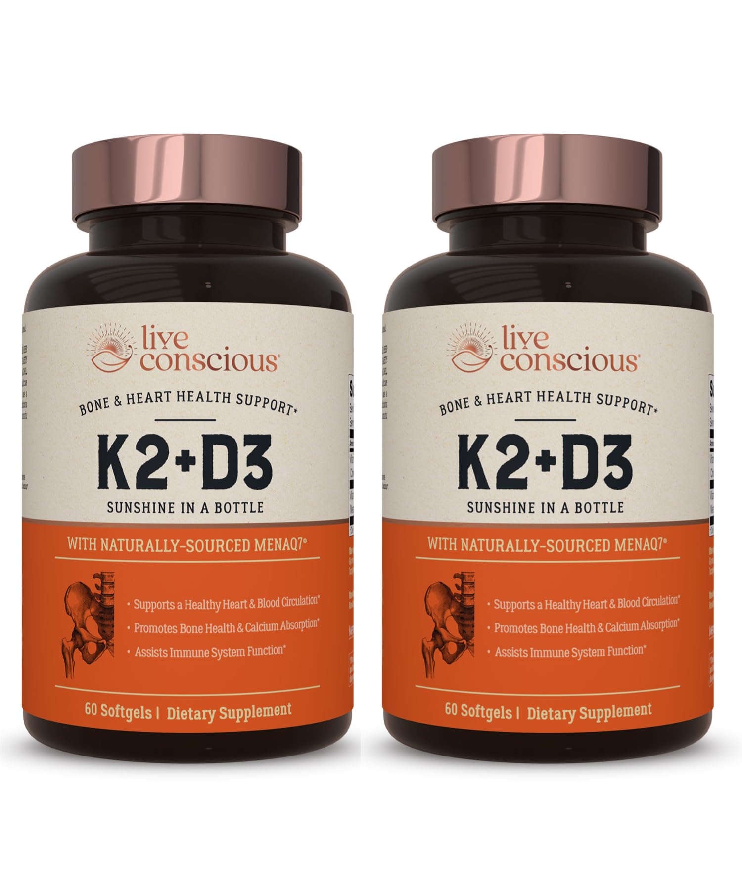 Live Conscious Vitamin K2 MK7 with D3 Supplement | Bone & Heart Health Support - Patented Vitamin K & Vitamin D3 5000 IU - 60 Softgels - PrimeBioHealth - canada supplements