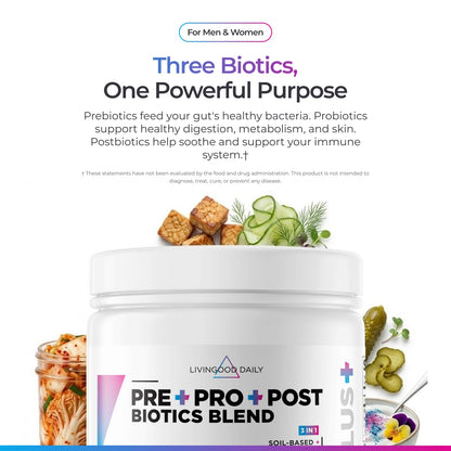 Livingood Daily Pre Pro Post Biotics Blend Powder, Digestive Health Supplement with Prebiotics from Organic Blue Agave Inulin, SBO Probiotics, Probiotics for Women & Men - PrimeBioHealth - canada supplements